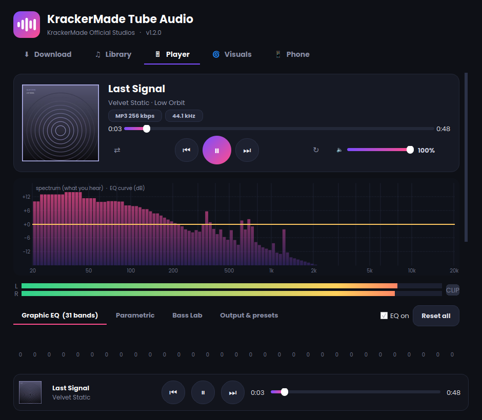 Player: live spectrum and level meters
