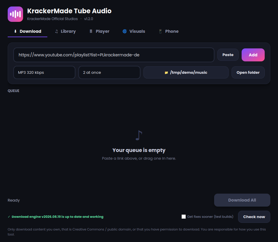Download: paste a YouTube link or a whole playlist