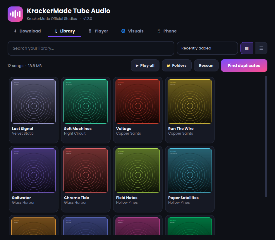 Library: your songs with cover art, search, duplicate finder